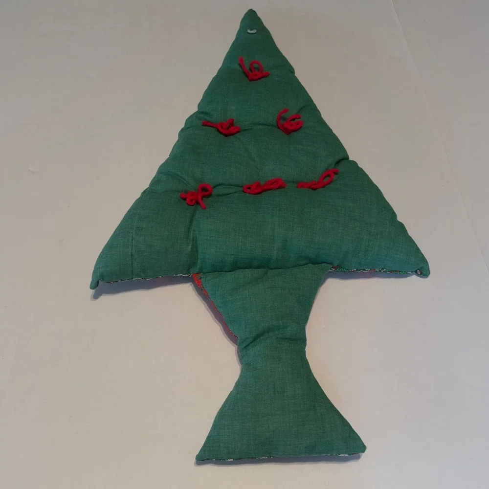 Handmade Quilted Christmas Tree Pillow Red Green Snowman Patchwork Wall Hanging